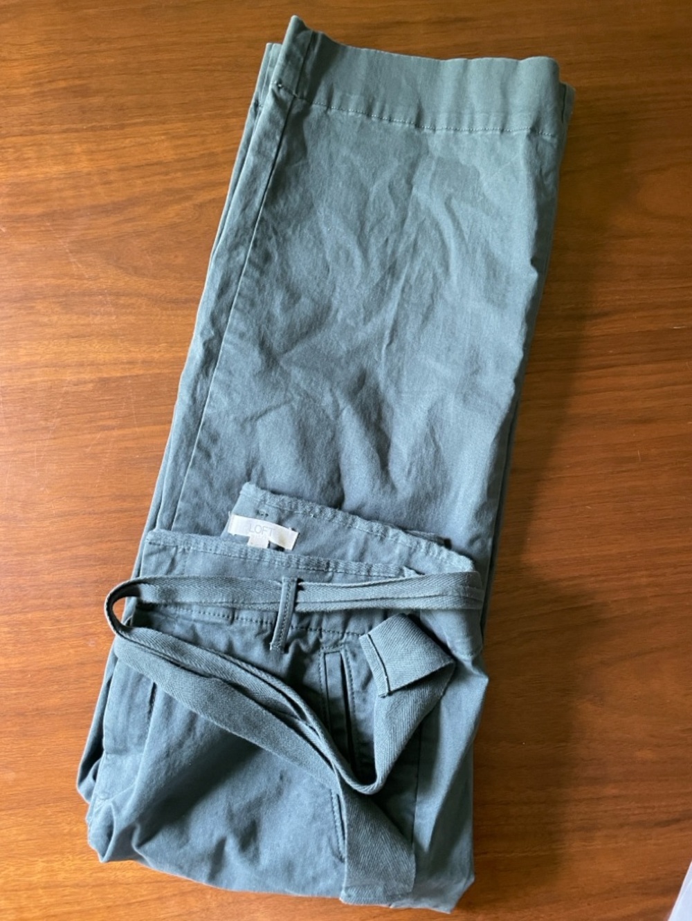 LOFT Wide Leg Dark Sage Green Pants, Belted, Size 8